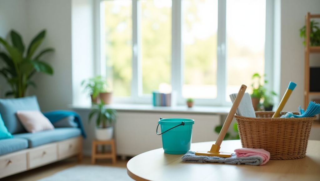Modern home interior with white walls, minimalist décor, and subtle light blue accents, showcasing a bright, clean, and inviting space for easy home maintenance.