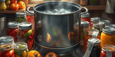 Realistic image of sealed glass jars submerged in boiling water in a large stainless steel canning pot, with steam rising and a kitchen stove background.