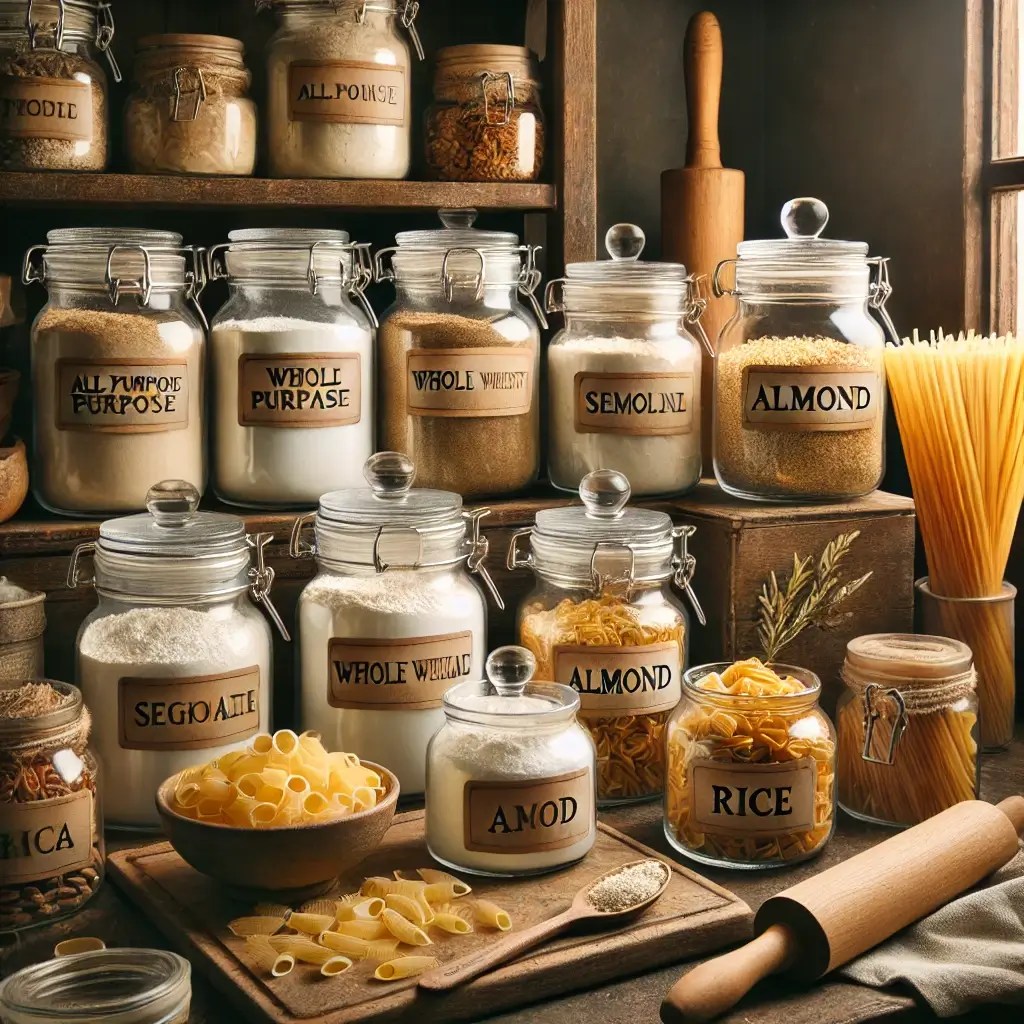 Various types of flour in jars, bowls, and bags alongside fresh pasta in a rustic kitchen setting