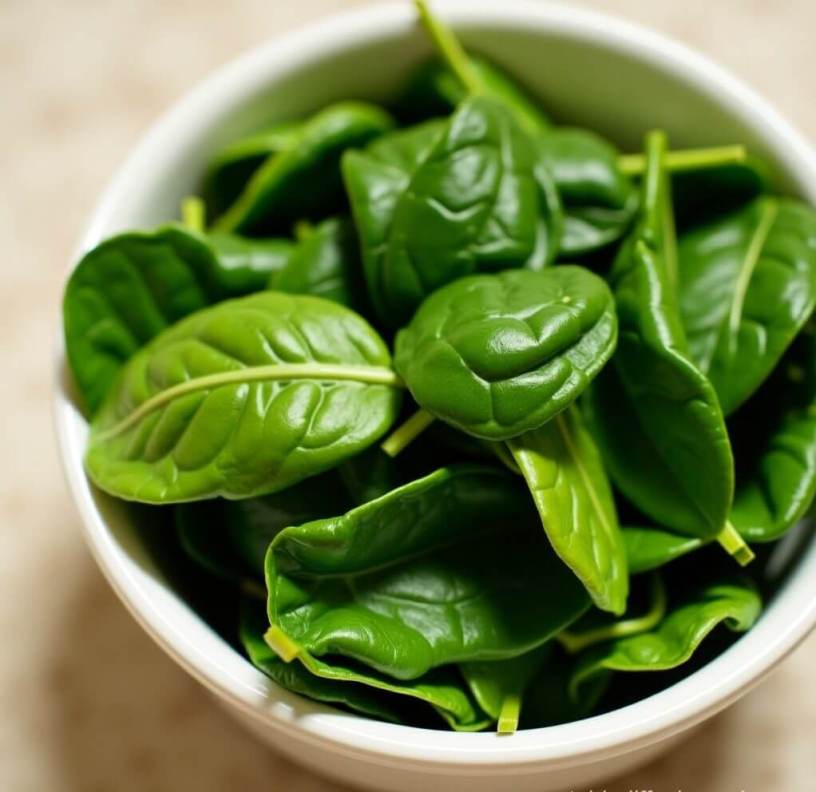 A white bowl filled with vibrant, fresh green spinach leaves, symbolizing healthy, seasonal produce