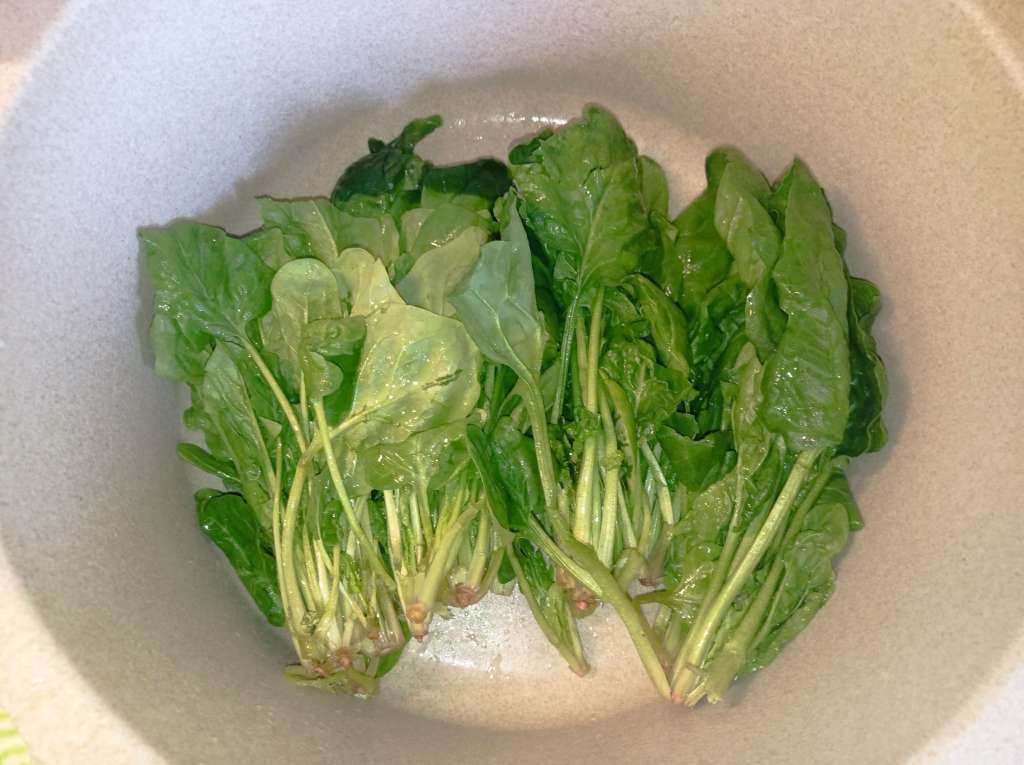 Fresh spinach washed in the sink, showcasing its vibrant green leaves.