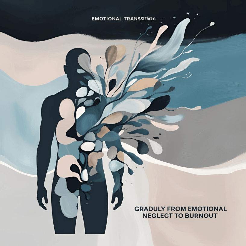 Abstract digital painting showing a human silhouette dissolving into fluid shapes in muted blues, grays, and soft pastels, with a dark top symbolizing stress and a warm glow at the bottom suggesting hope