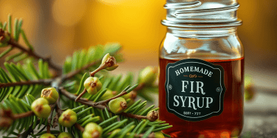 Jarr of golden homemade fir syrup surrounded by lemon and fir branches.