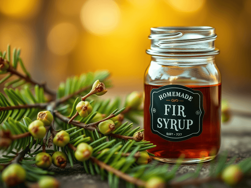 Jarr of golden homemade fir syrup surrounded by lemon and fir branches.
