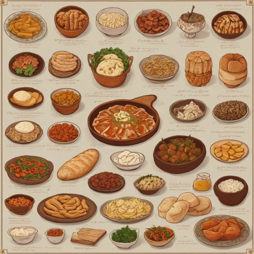Detailed illustration of 40 dishes arranged in a list, with small colorful sketches and elegant handwritten descriptions in a Da Vinci style