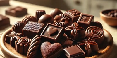 A wooden plate filled with homemade chocolate fudge in various shapes, showcasing its rich texture and deep brown color.