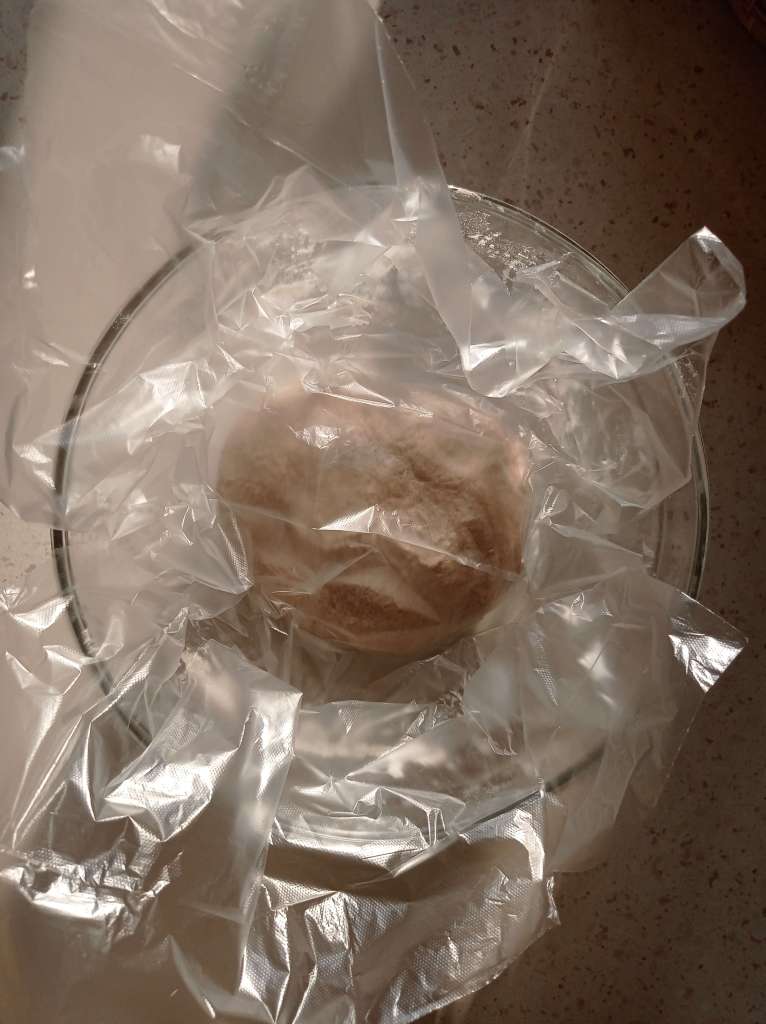 Bread dough covered with plastic wrap in an oiled bowl, ready for proofing