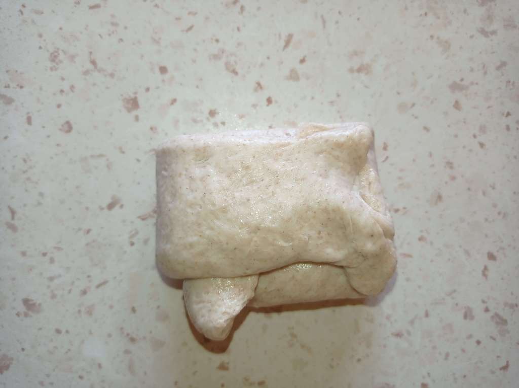 Bread dough after first stretch and fold, resting on a oiled work surface