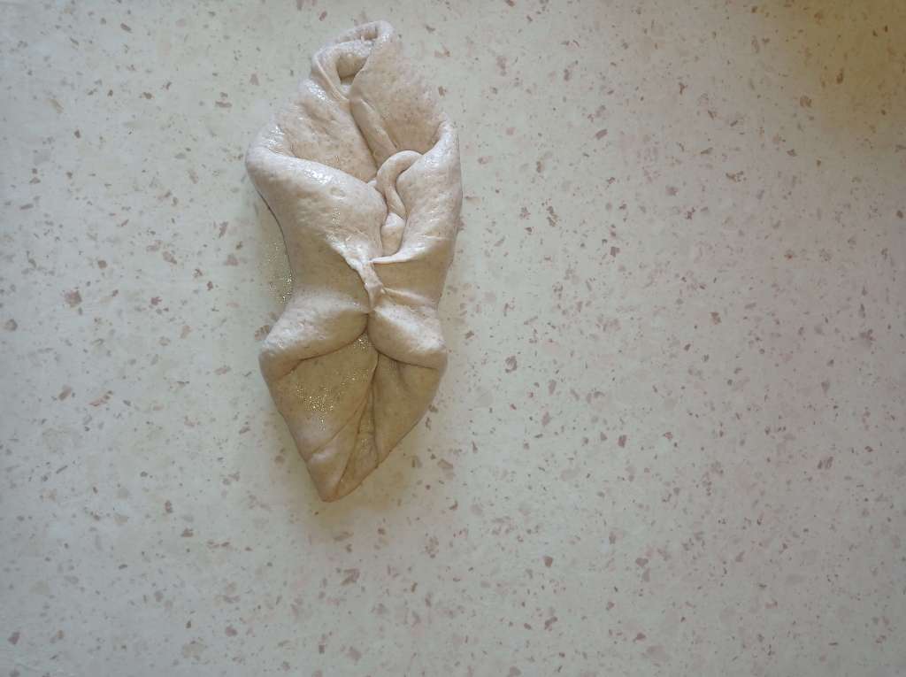 Bread dough undergoing second stretch and fold on oiled work surface