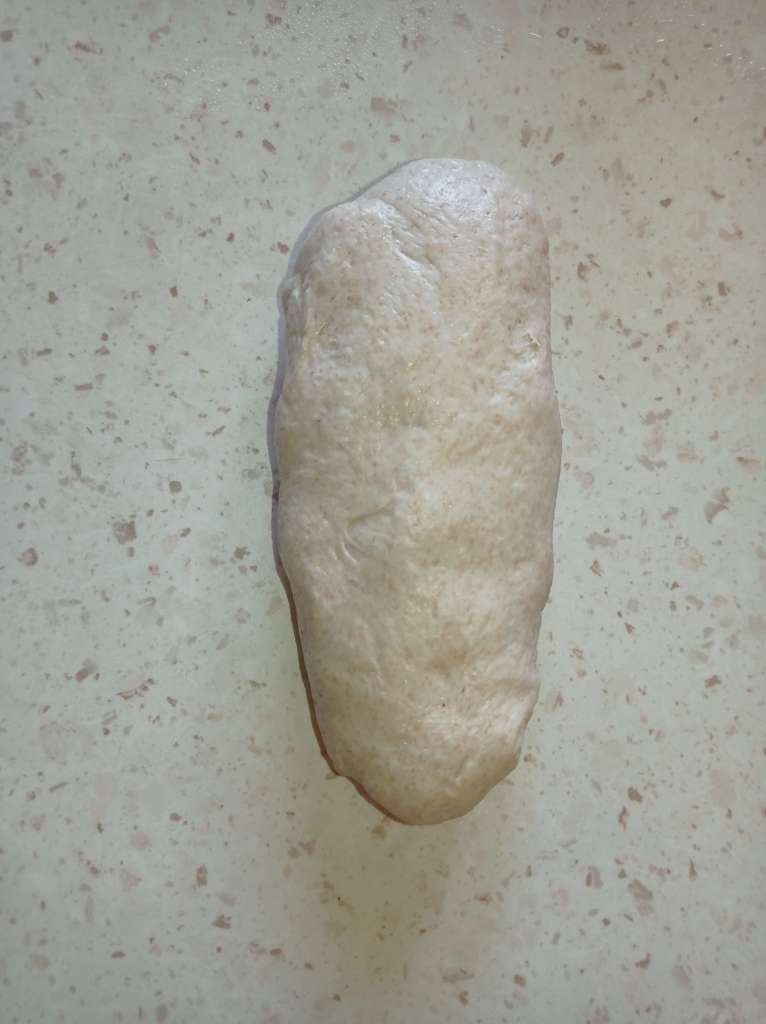 Bread dough in final shape resting on work surface after second stretch and fold, before final rest and scoring