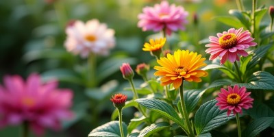 Lush June garden with vibrant flowers and greenery in soft morning light