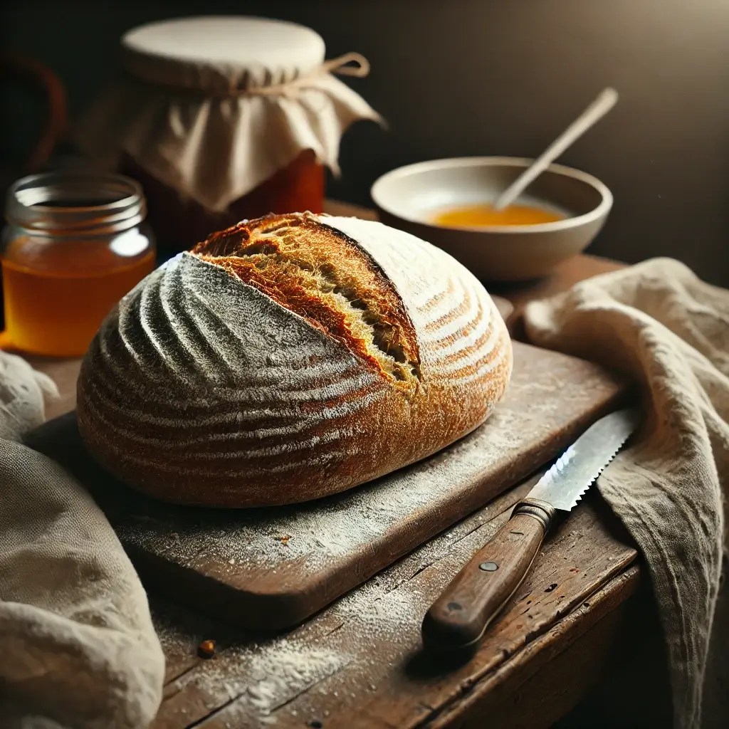 A crusty, rustic loaf of homemade bread resting on a wooden surface, surrounded by flour and a linen towel.
