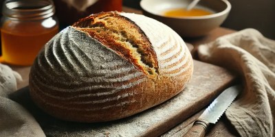 A crusty, rustic loaf of homemade bread resting on a wooden surface, surrounded by flour and a linen towel.