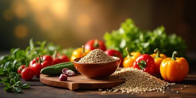 rustic wooden table laden with an assortment of colorful, fresh vegetables, surrounded by an abundance of green foliage