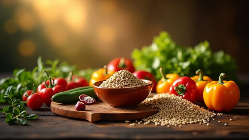 rustic wooden table laden with an assortment of colorful, fresh vegetables, surrounded by an abundance of green foliage