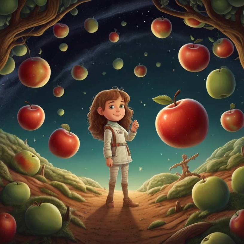 A surreal orchard with red apple trees growing in space, possibly on Mars, featuring a cartoon-style girl astronaut standing among the trees.