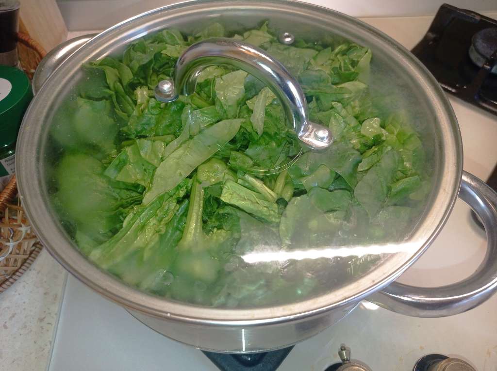 A stainless steel pot with a lid covering sautéed spinach and mushrooms on a gas stove