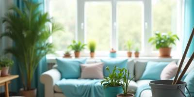 Modern home interior with white walls, minimalist décor, and subtle light blue accents, showcasing a bright, clean, and inviting space for easy home maintenance.