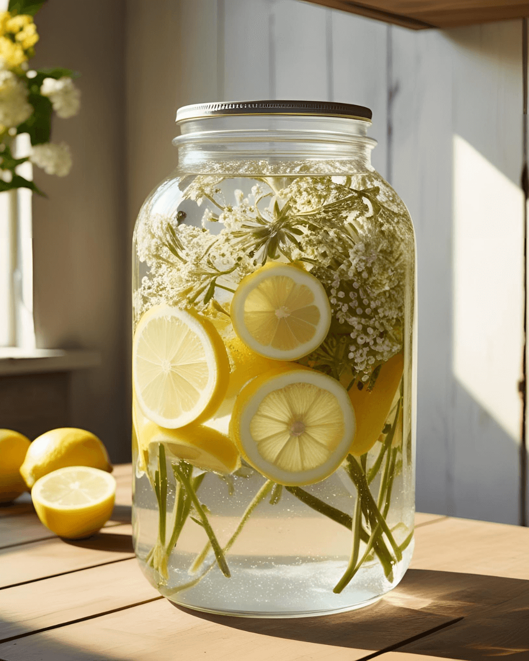 A rustic kitchen setting with a large glass jar containing elderflowers, lemon slices, and water, on a wooden table in natural sunlight.