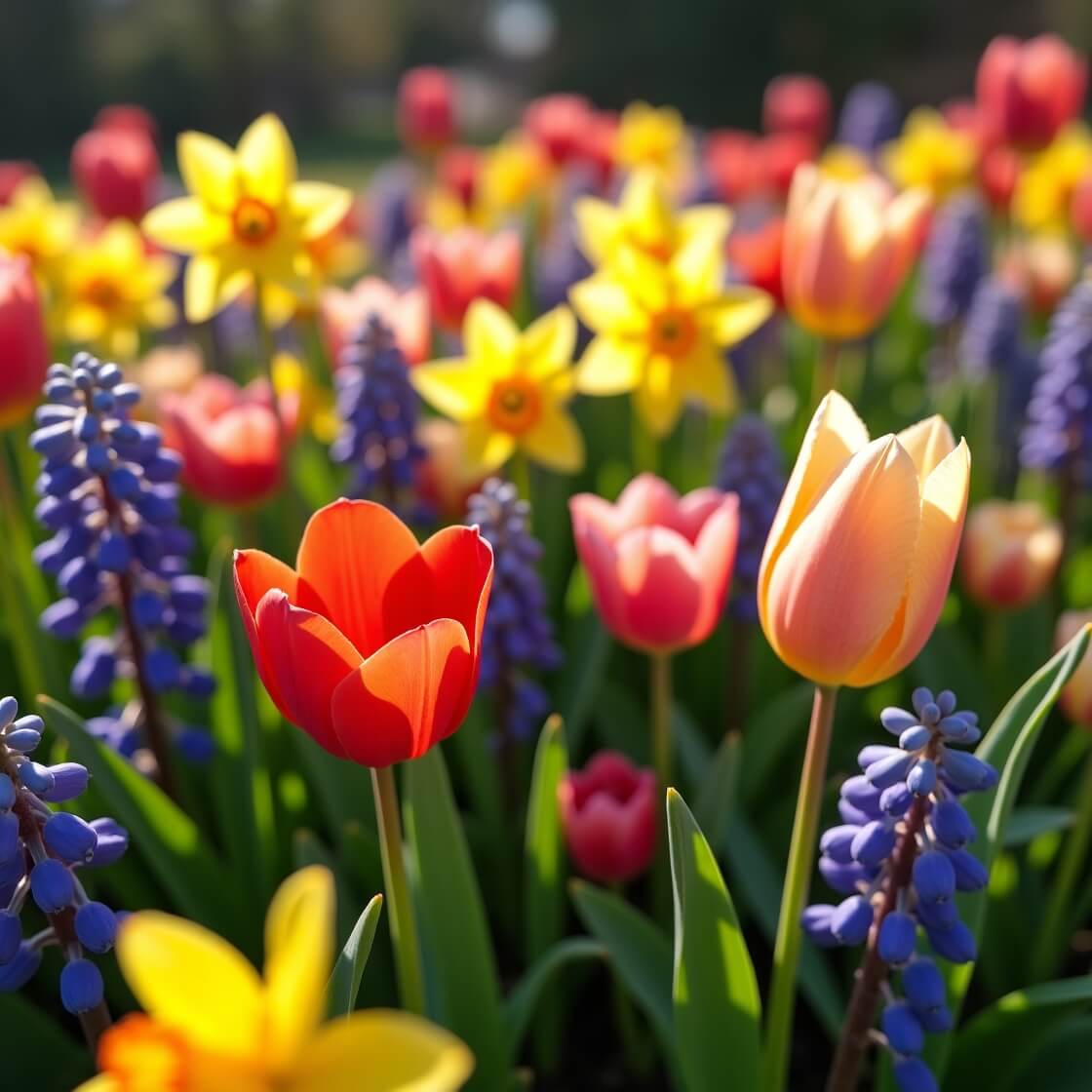 A vibrant March garden with blooming tulips, hyacinths, and daffodils amidst fresh green foliage bathed in warm sunlight