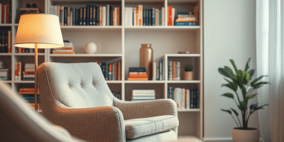Comfortable beige armchair in a cozy psychologist’s office with a bookshelf in the background