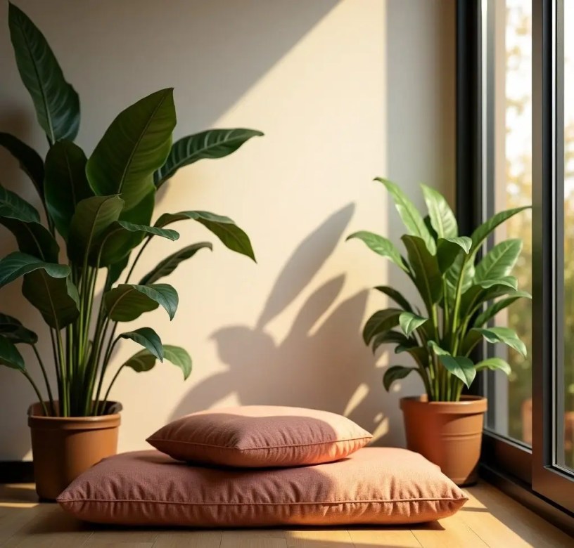 A peaceful meditation corner with a comfortable cushion, indoor plants, and soft ambient lighting