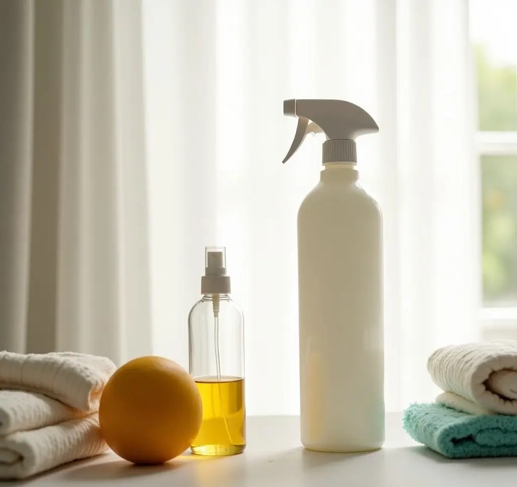 Assorted essential household cleaning products.