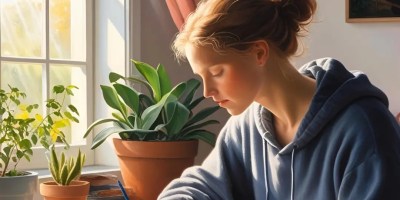 Person journaling by a sunny window