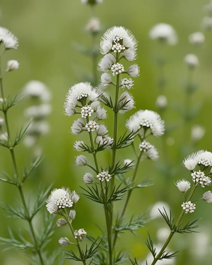 White yarrow flower clusters on tall feathery stems in a blurred meadow background