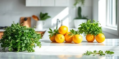 Parsley, oranges, and herbs on a bright kitchen counter with sunlight streaming through the window