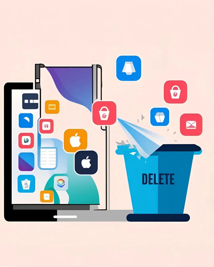 Graphic showing apps and files being removed from a smartphone and laptop for digital decluttering
