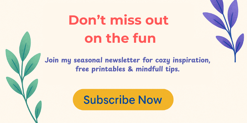 Decorative banner inviting readers to subscribe to Lela's seasonal newsletter, with watercolor leaves and vibrant background.