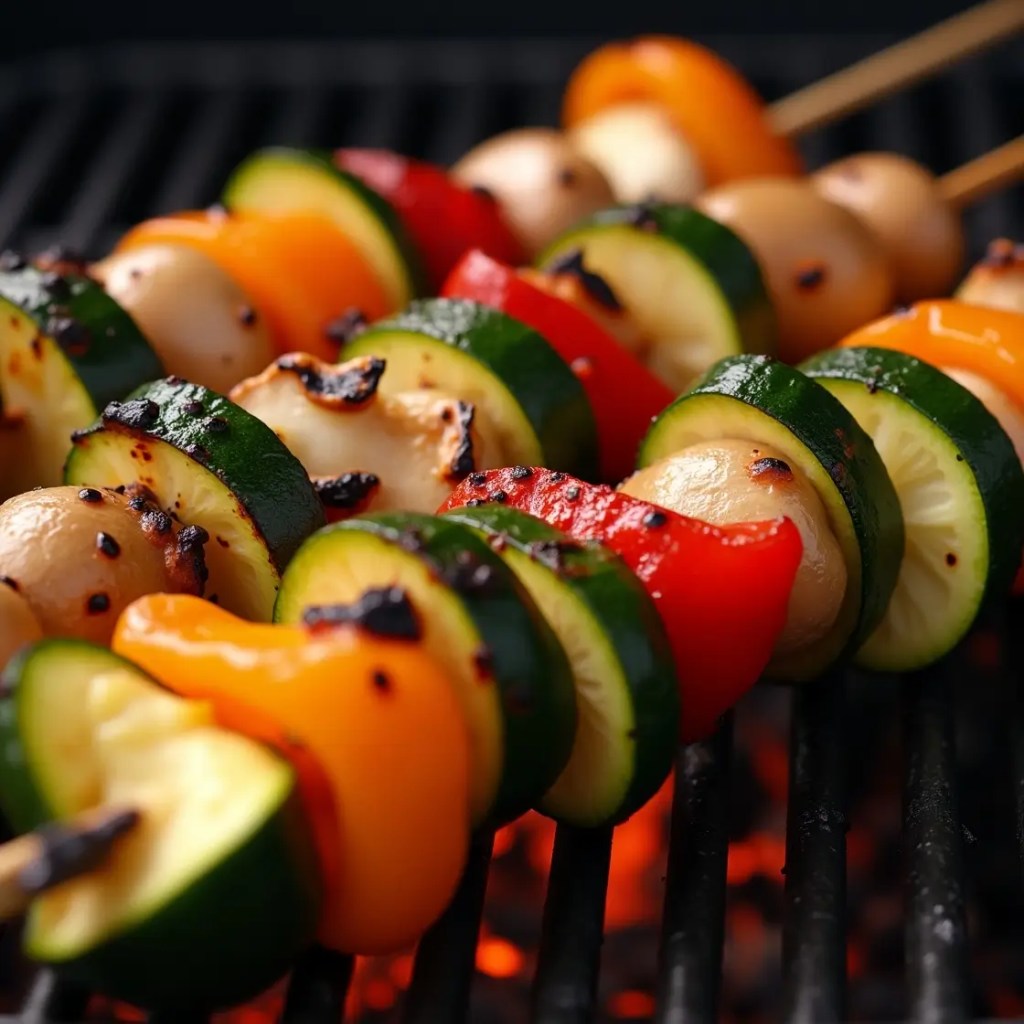 Grilled vegetable skewers with zucchini, bell peppers, and mushrooms on a barbecue