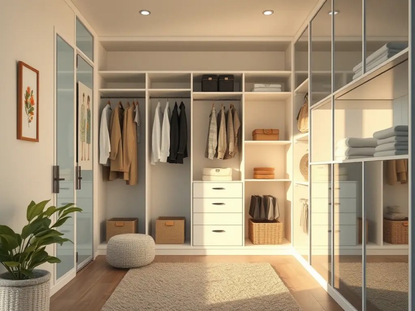 Neatly arranged closet with clothes on wooden hangers and labeled storage boxes