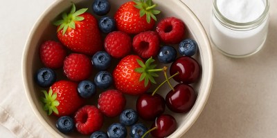 Bowl of assorted berries soaking in water with a jar of baking soda nearby