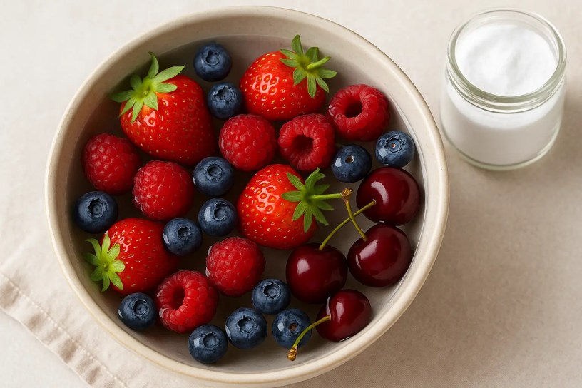 Bowl of assorted berries soaking in water with a jar of baking soda nearby