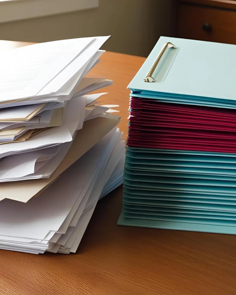 A messy stack of papers next to an organized file folder on a desk