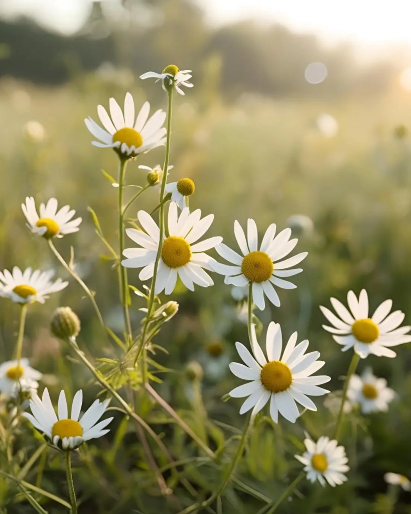 Wild chamomile flowers with white petals and yellow centers in a natural meadow