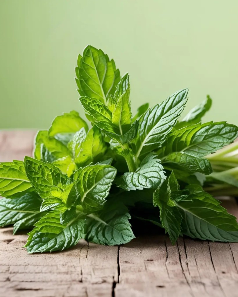Fresh mint leaves on a wooden table, ready to be turned into syrup.