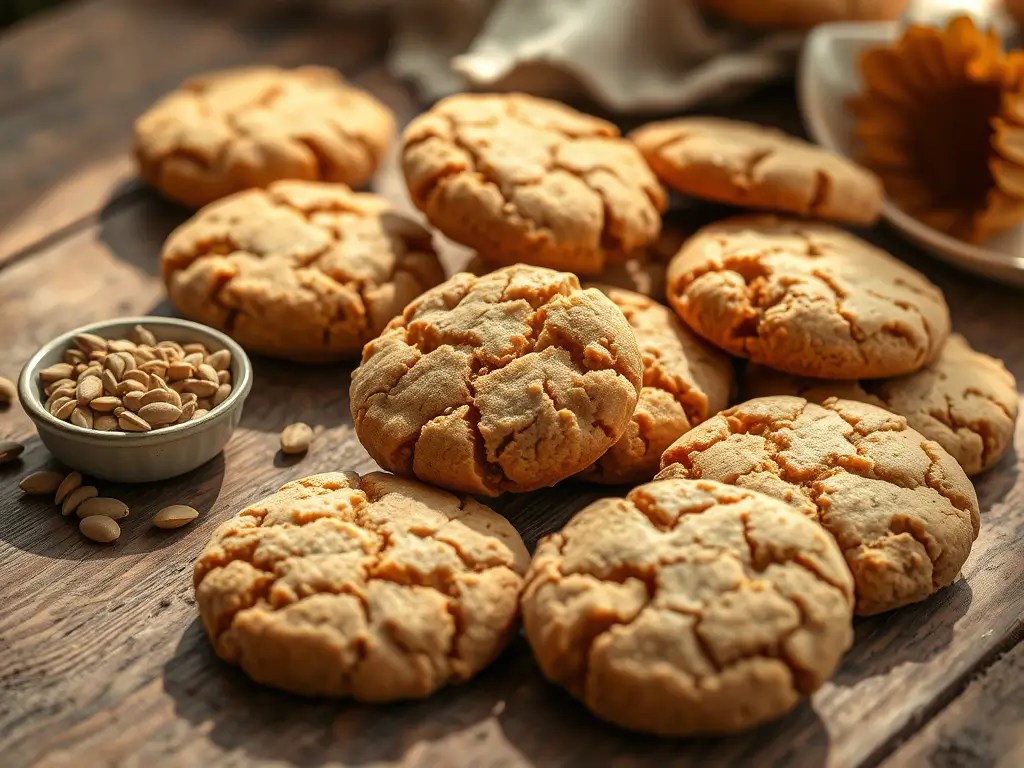 Vegan halva cookies on parchment paper in a rustic kitchen setting