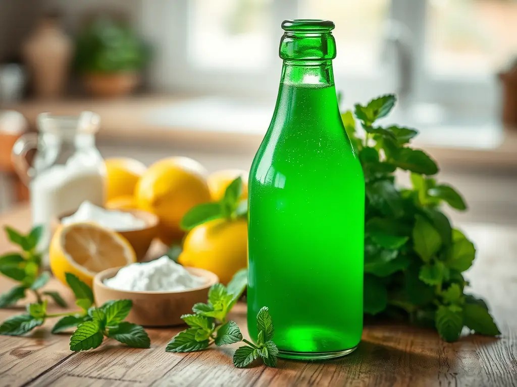 Glass bottle filled with homemade mint syrup, surrounded by mint leaves and lemon slices