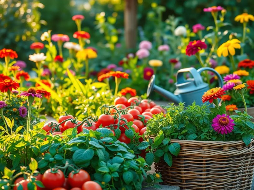 Basket of fresh tomatoes and herbs in a vibrant July garden, surrounded by blooming flowers and a watering can