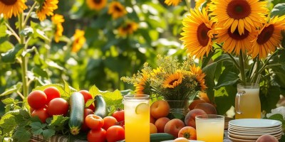 A summer table set in a garden with fresh tomatoes, zucchinis, peaches, lemonade, and sunflowers in full bloom.