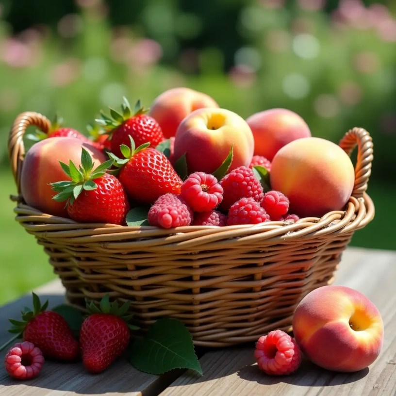 Wicker basket full of ripe summer fruits on a garden table.