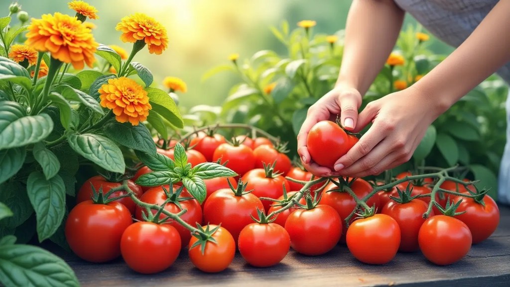 A hand picking a ripe red tomato from a garden bed, surrounded by blooming orange flowers and lush green leaves.