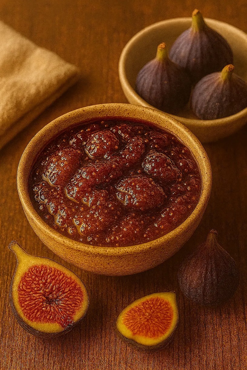 A rustic ceramic bowl filled with golden-purple fig preserve, surrounded by fresh whole and halved figs on a wooden surface.