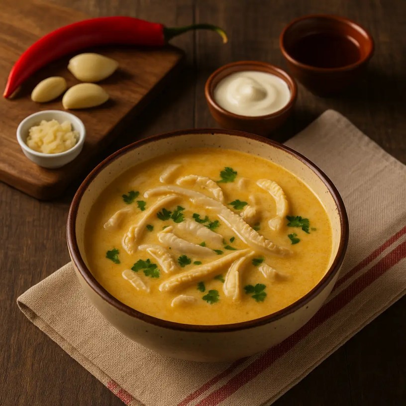 A rustic bowl of creamy Romanian tripe soup (ciorbă de burtă) with garlic, sour cream, and hot pepper on a wooden table.