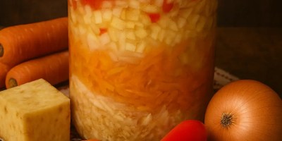 A homemade jar of Romanian winter soup vegetables surrounded by fresh carrots, parsnips, celery root, onion, and red bell pepper on a traditional embroidered cloth.
