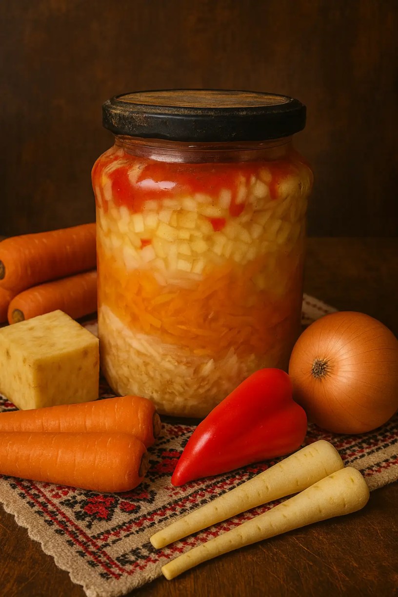 A homemade jar of Romanian winter soup vegetables surrounded by fresh carrots, parsnips, celery root, onion, and red bell pepper on a traditional embroidered cloth.