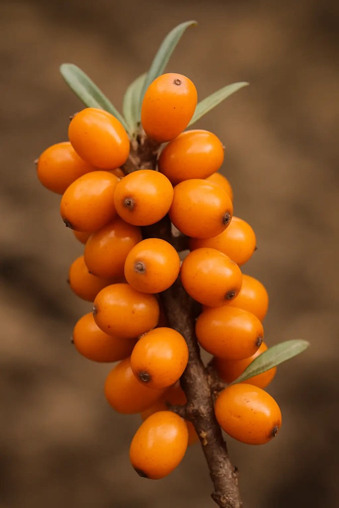 Close-up of fresh whole sea buckthorn berries on a rustic wooden surface with natural sunlight highlighting their bright orange color and glossy texture
